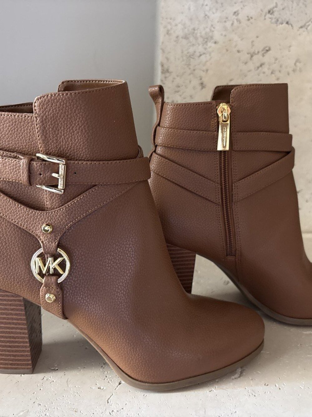 Michael Kors Leather Ankle Booties – Camel/Brown MK Logo Buckle – Size 8